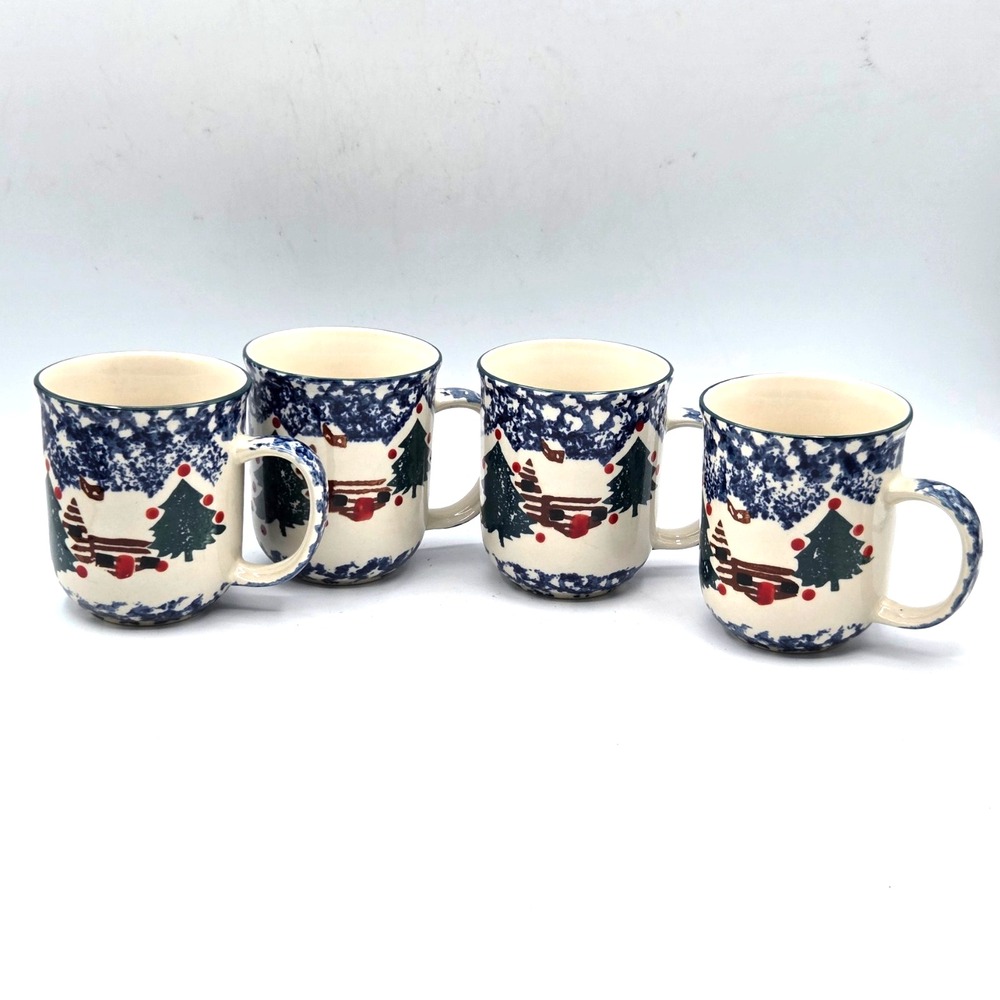 Set of 4 Folkcraft Cabin In Snow Coffee Mugs Tea Cups Christmas Winter